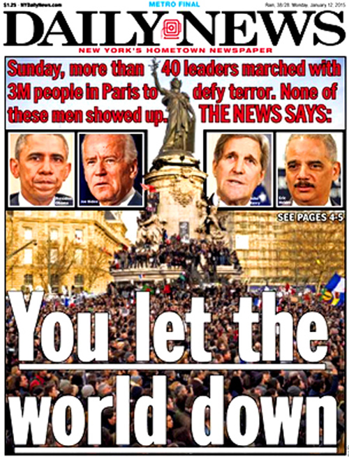 "The U.S. attorney general, in Paris for a terrorism summit with French President Francois Hollande, did not join world leaders such as German Chancellor Angela Merkel, British Prime Minister David Cameron, Israeli Prime Minister Benjamin Netanyahu and Palestinian Authority President Mahmoud Abbas for the march and rally that drew a million people days after 12 were shot at satirical paper Charlie Hebdo. Others such as Obama and Vice President Biden were also not in attendance." - New York Daily News. January 11, 2015  