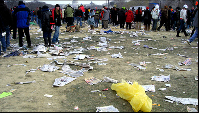 "Fast food remnants littered the area below the Memorial. Empty water bottles were omnipresent as were discarded stick-mounted signs. The limited park-provided trash bins were almost works of art. The trashcan heaps bursting upwards looked like images of volcanoes caught mid-eruption, to say nothing of the areas surrounding the bins. Pompeii never had a chance." - Daily Caller 