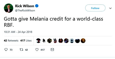 "But these added pressures on the First Lady does not mean the Trump haters will give her any flack. The left and their #NeverTrump allies hate this president, his lovely family and the country’s First Lady.  Never Trump leader Rick Wilson trashed First Lady Melania Trump during Tuesday’s ceremonies.  Rick Wilson, a CNN regular and Daily Beast columnist, tweeted this out moments ago. 'Gotta give Melania credit for a world-class RBF.'” - Gateway Pundit 