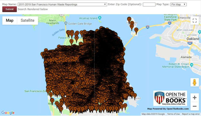 "Thirty ZIP codes in the city were affected. However, just four locations had the highest concentration of human feces – between 10,000 and 23,000 events each." - Forbes 